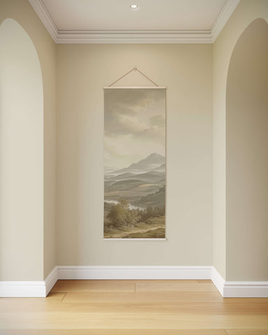 A beige toned vintage river scene tapestry with soft muted mountain and foliage imagery framed by a white border