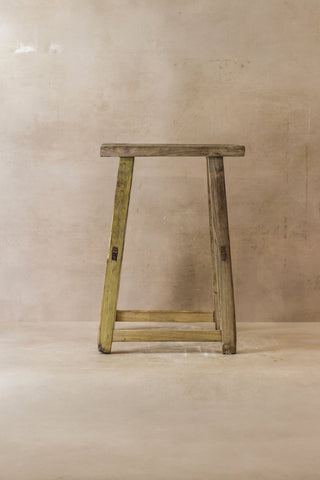 Vintage rustic elm wood stool medium with weathered light greenish-gray finish and simple a-frame legs