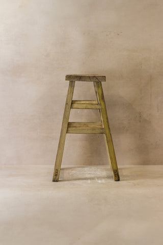 Vintage rustic elm wood stool medium with weathered pale green finish and sturdy simple construction