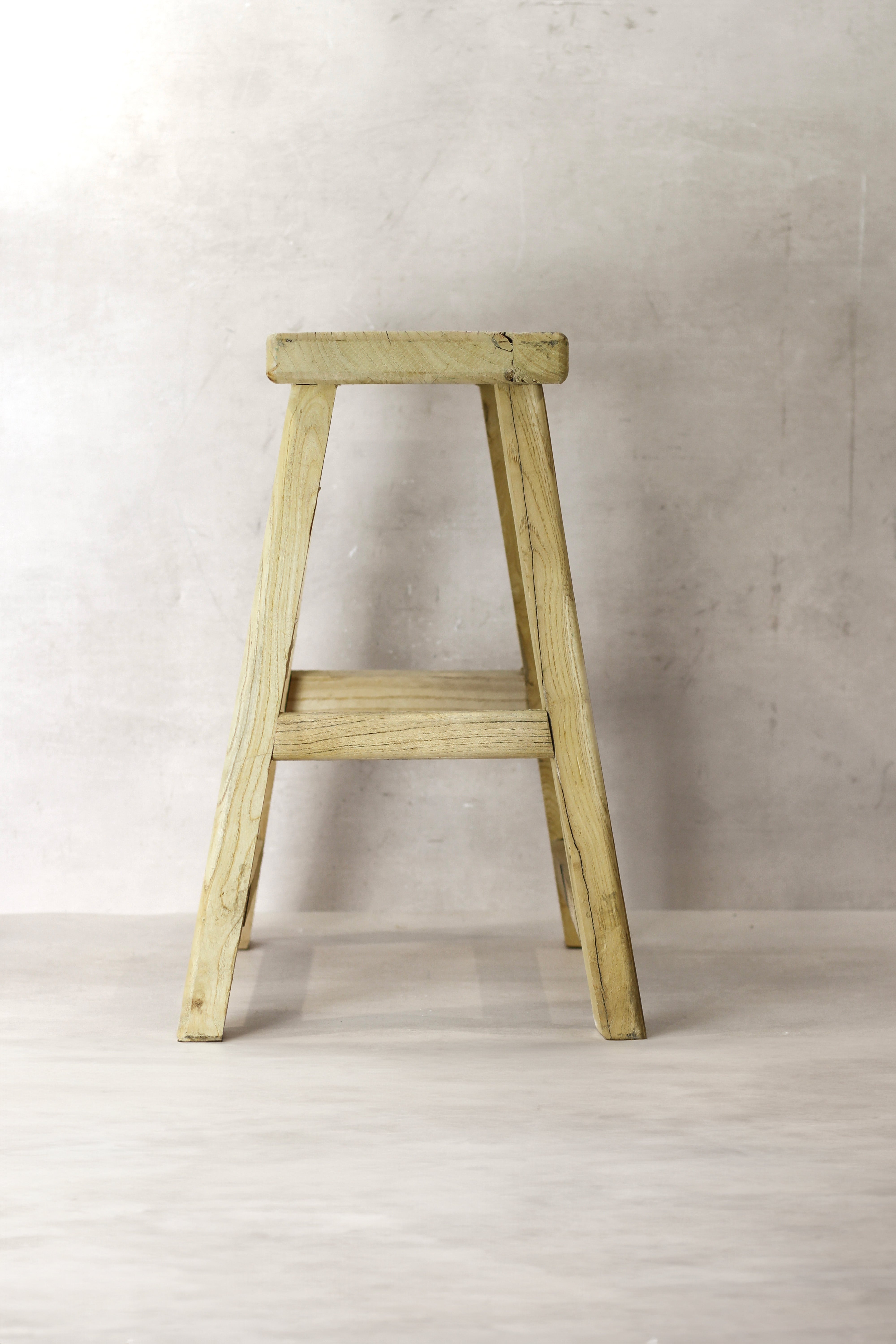 Vintage rustic elm wood stool medium light green a-frame design with small shelf for extra storage