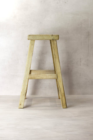 Vintage rustic elm wood stool medium light green a-frame design with small shelf for extra storage