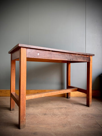 Vintage school lab bench with iroko dark brown top and beech amber legs perfect as a science lab or kitchen island