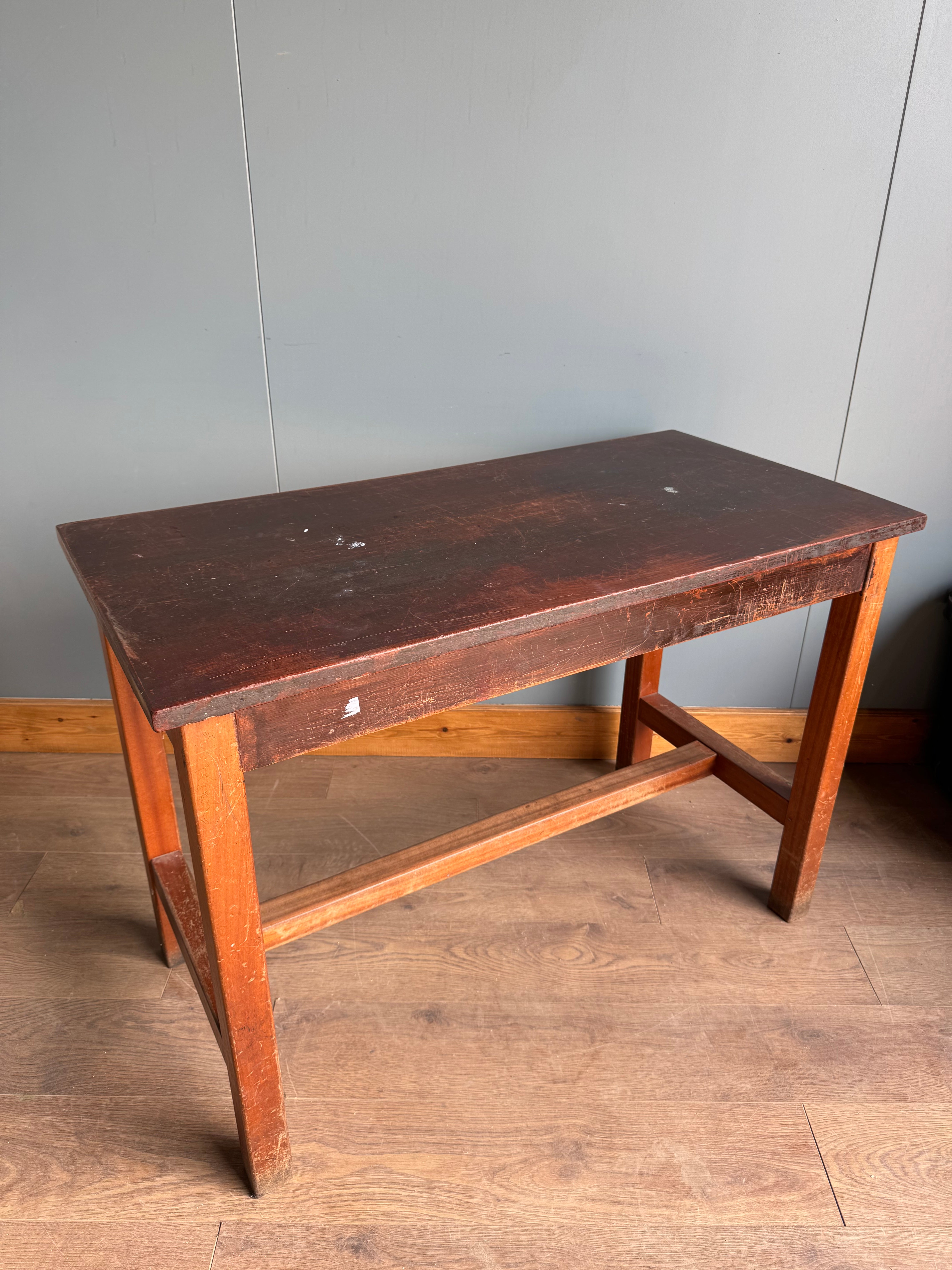 Vintage school science lab bench with dark brown iroko top and orange beech frame perfect for kitchen island prep table