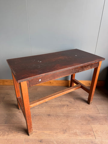 Vintage school science lab bench with dark brown iroko top and orange beech frame perfect for kitchen island prep table