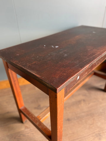 Vintage school lab bench with worn dark brown iroko top and beech frame perfect for science lab or kitchen prep