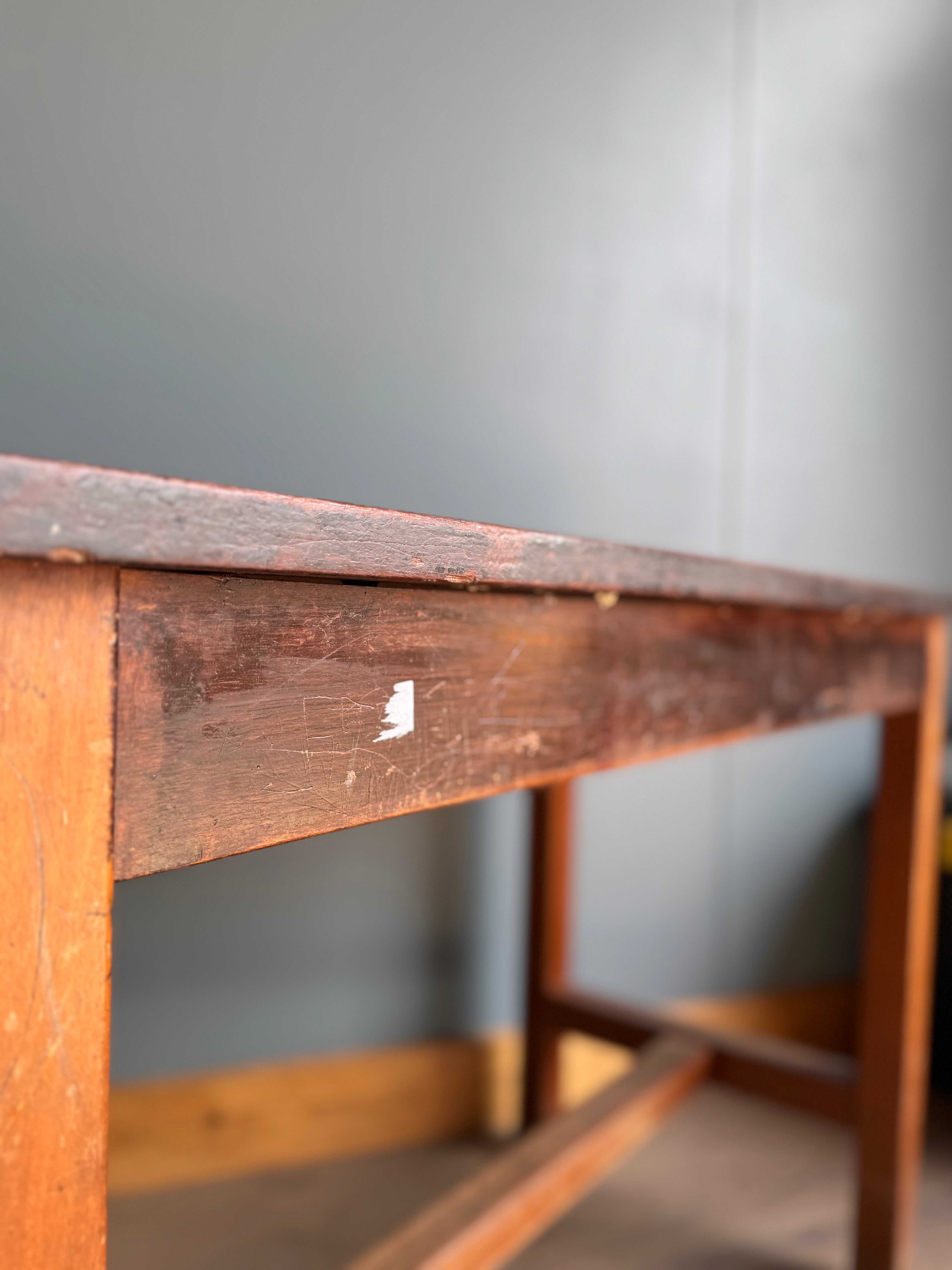 Vintage school lab bench with a worn iroko top and dark-stained beech frame perfect for a science lab or kitchen island