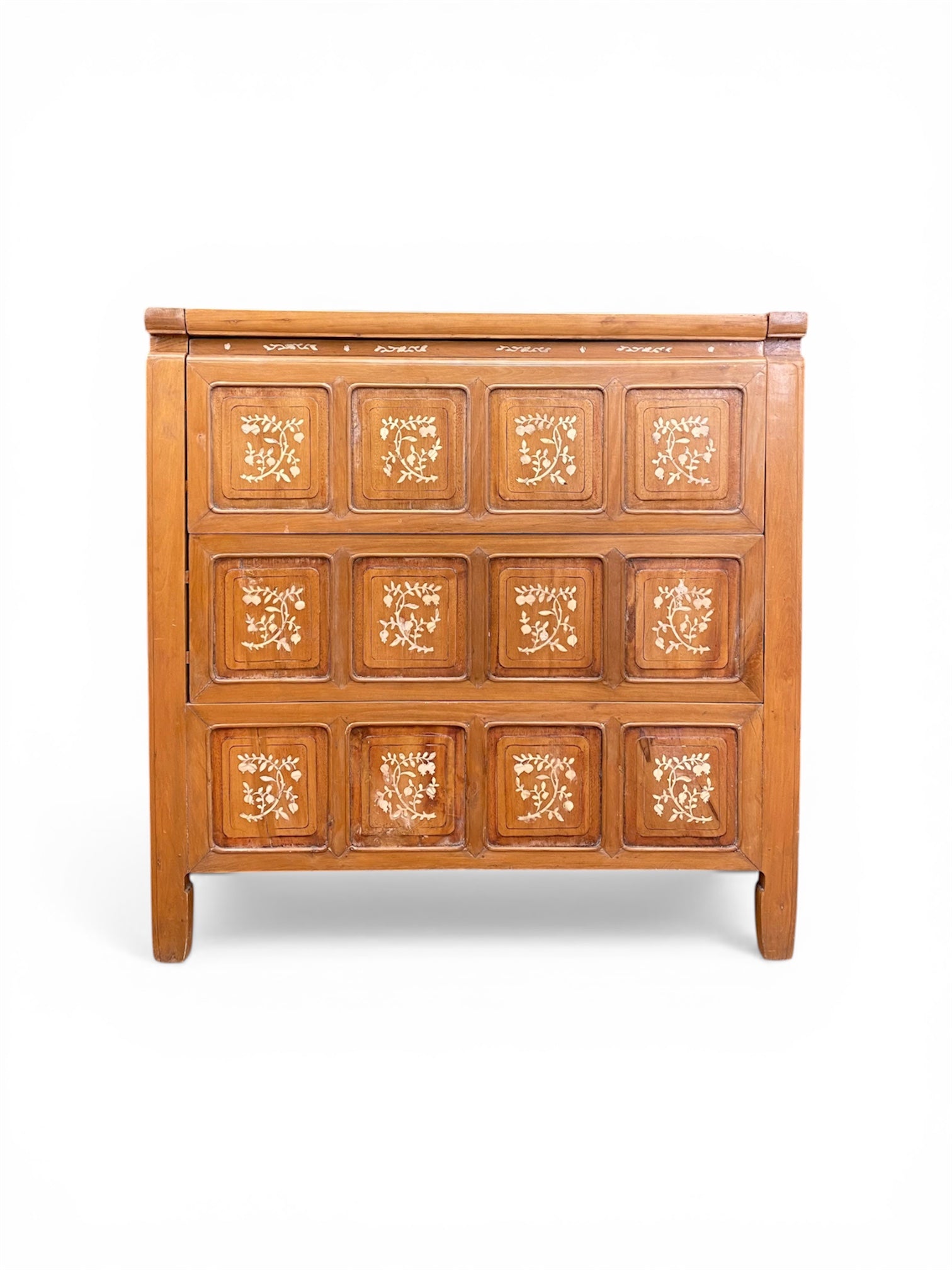 Vintage warm-toned wooden dowry chest with nine square panels and delicate white floral inlay vintage sideboard