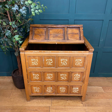 Vintage dowry chest wooden sideboard with hinged lid and nine white inlaid floral panels for stylish storage