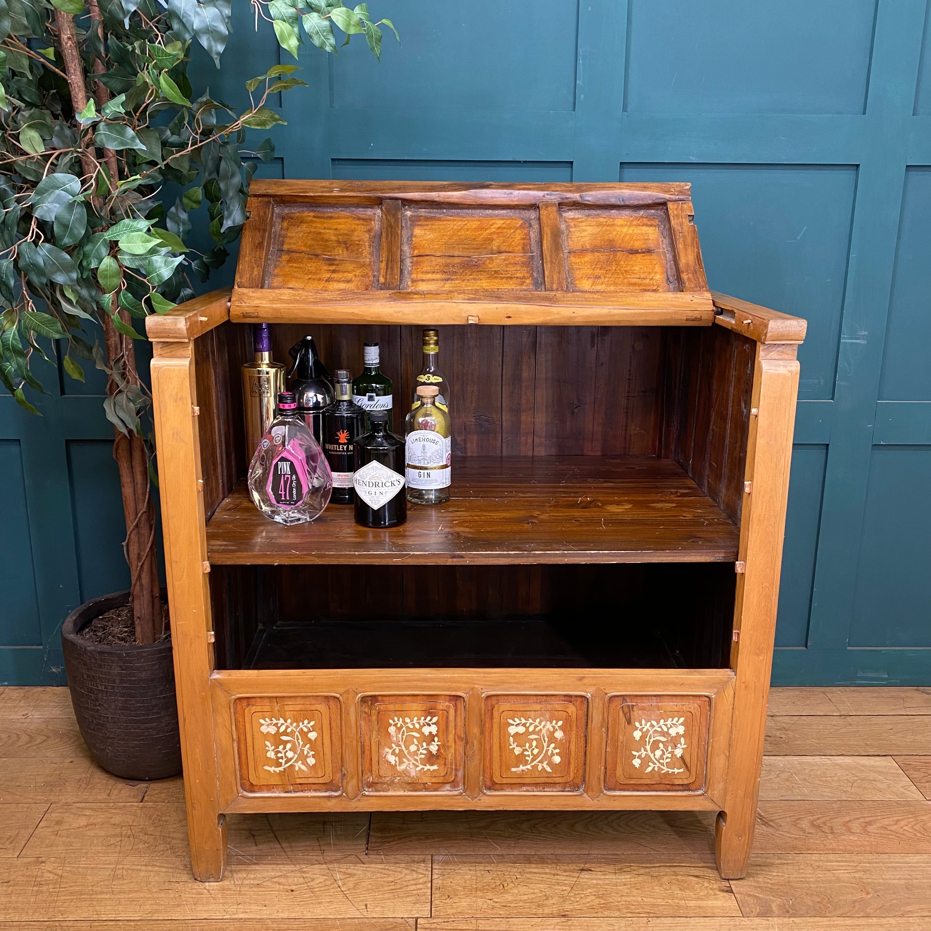 Vintage dowry chest wooden bar cabinet with hinged lid light brown wood and floral inlaid panel on lower side