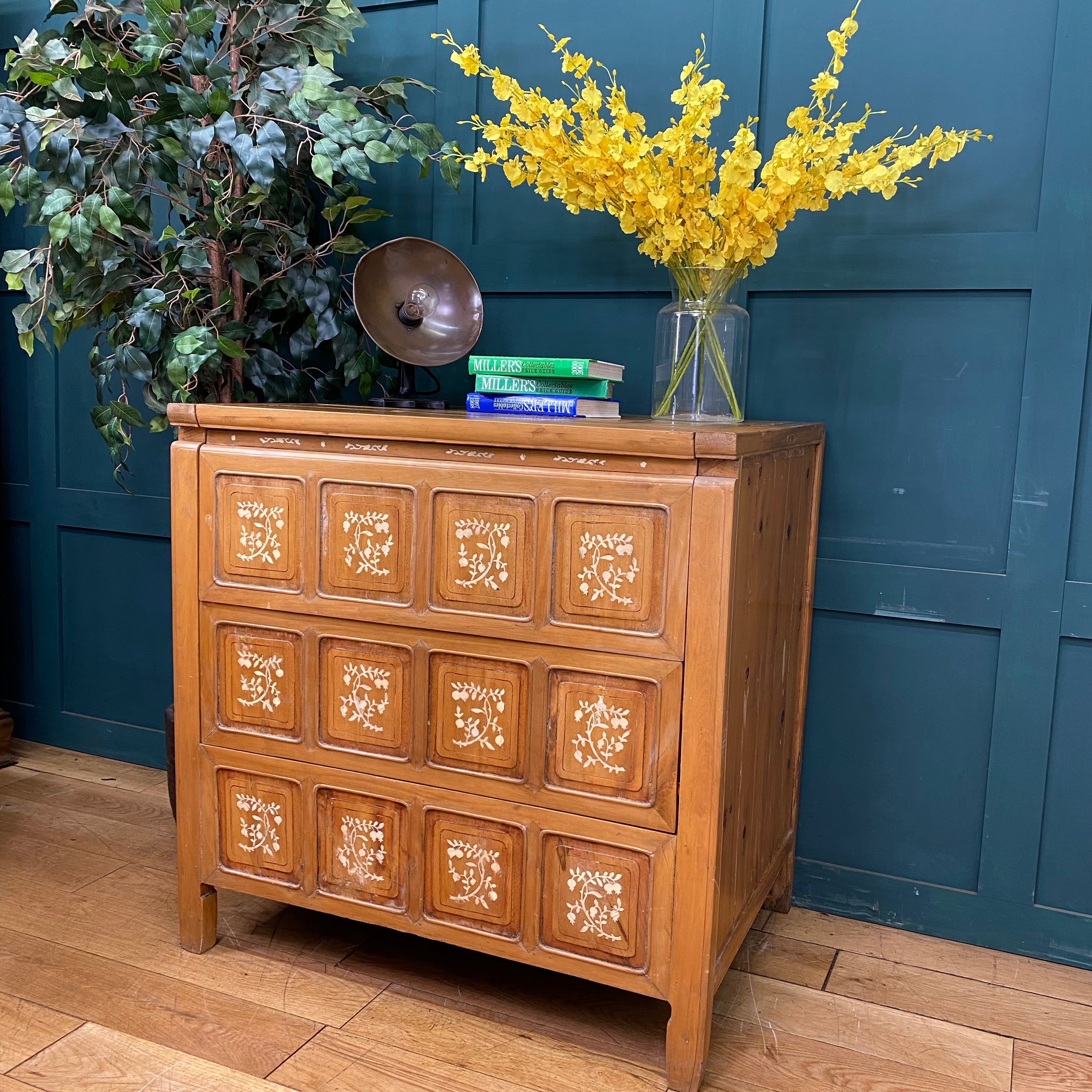 Vintage warm-toned wooden dowry chest with nine floral inlaid square drawers perfect as a sideboard or cocktail cabinet