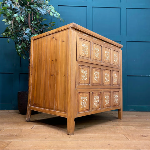 Vintage dowry chest of drawers with nine white floral inlays on rustic wooden panels perfect as a sideboard or cocktail cabinet