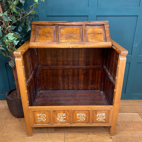 Vintage wooden dowry chest with hinged lid and decorative inlaid panels perfect as a sideboard or cocktail cabinet