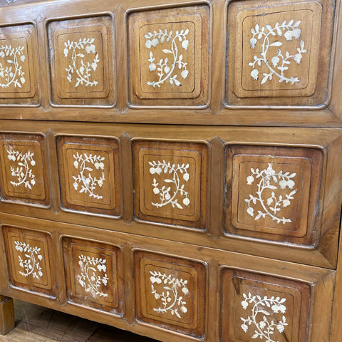Wooden vintage dowry chest with square panels and intricate white inlaid floral designs perfect for storage
