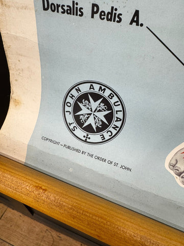 Vintage black circular st john ambulance logo with white maltese cross and ornate flourishes from 1950s circulation chart