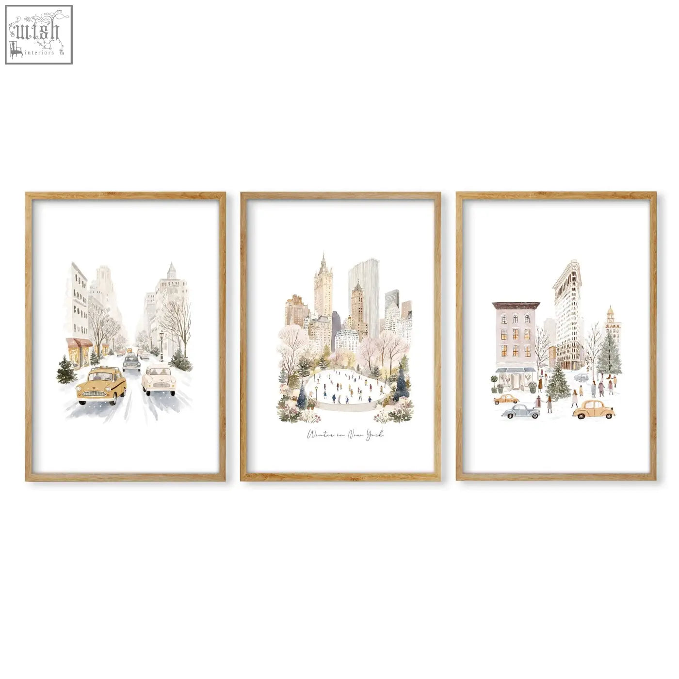 Three vintage travel art prints of beige winter in new york scenes framed in light wood, perfect for a dining room display