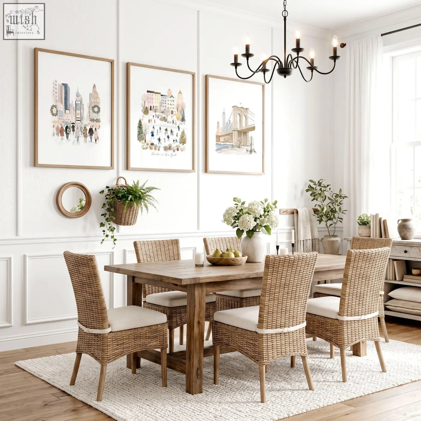 Woven wicker dining room chairs with cream cushioned seats paired with vintage travel art prints set of 3