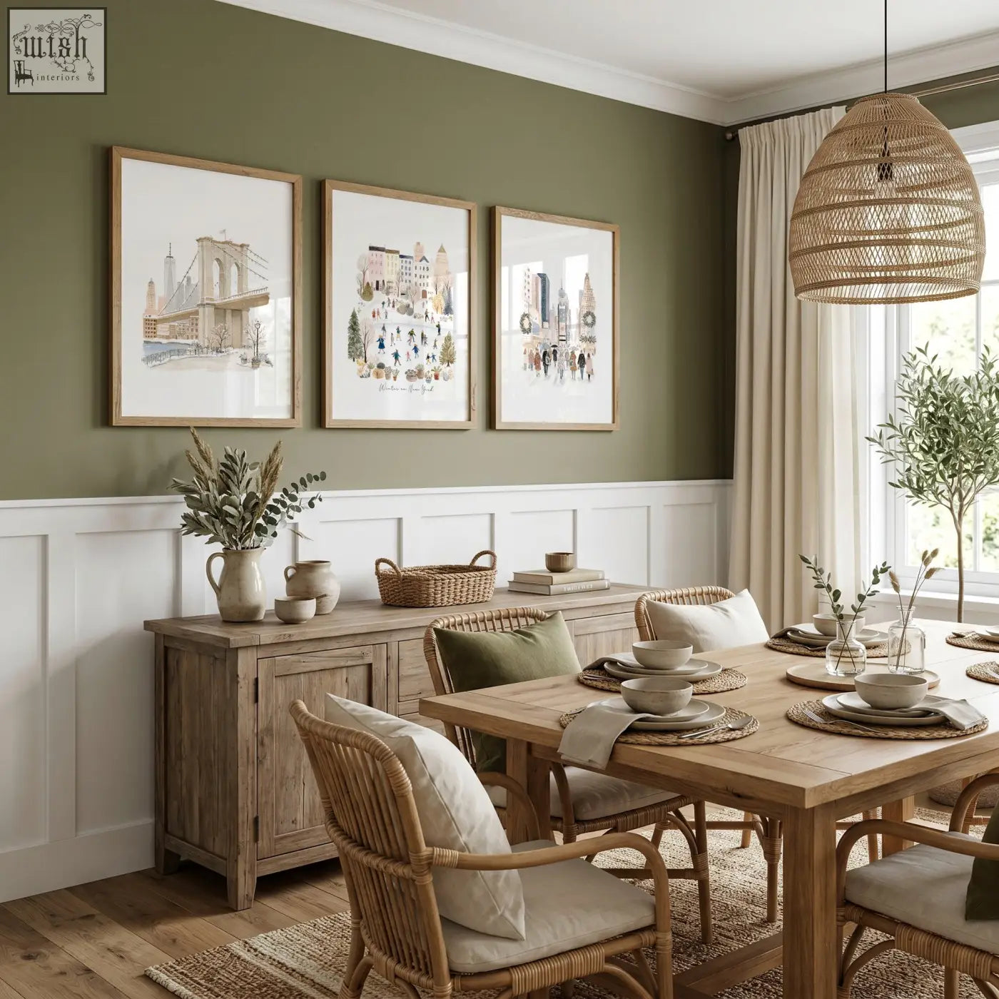 Woven wicker pendant light with natural textured finish paired with vintage travel art prints for dining room decor