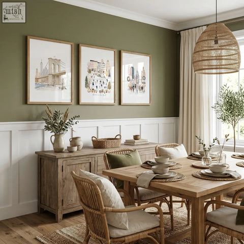 Woven wicker pendant light with natural textured finish paired with vintage travel art prints for dining room decor