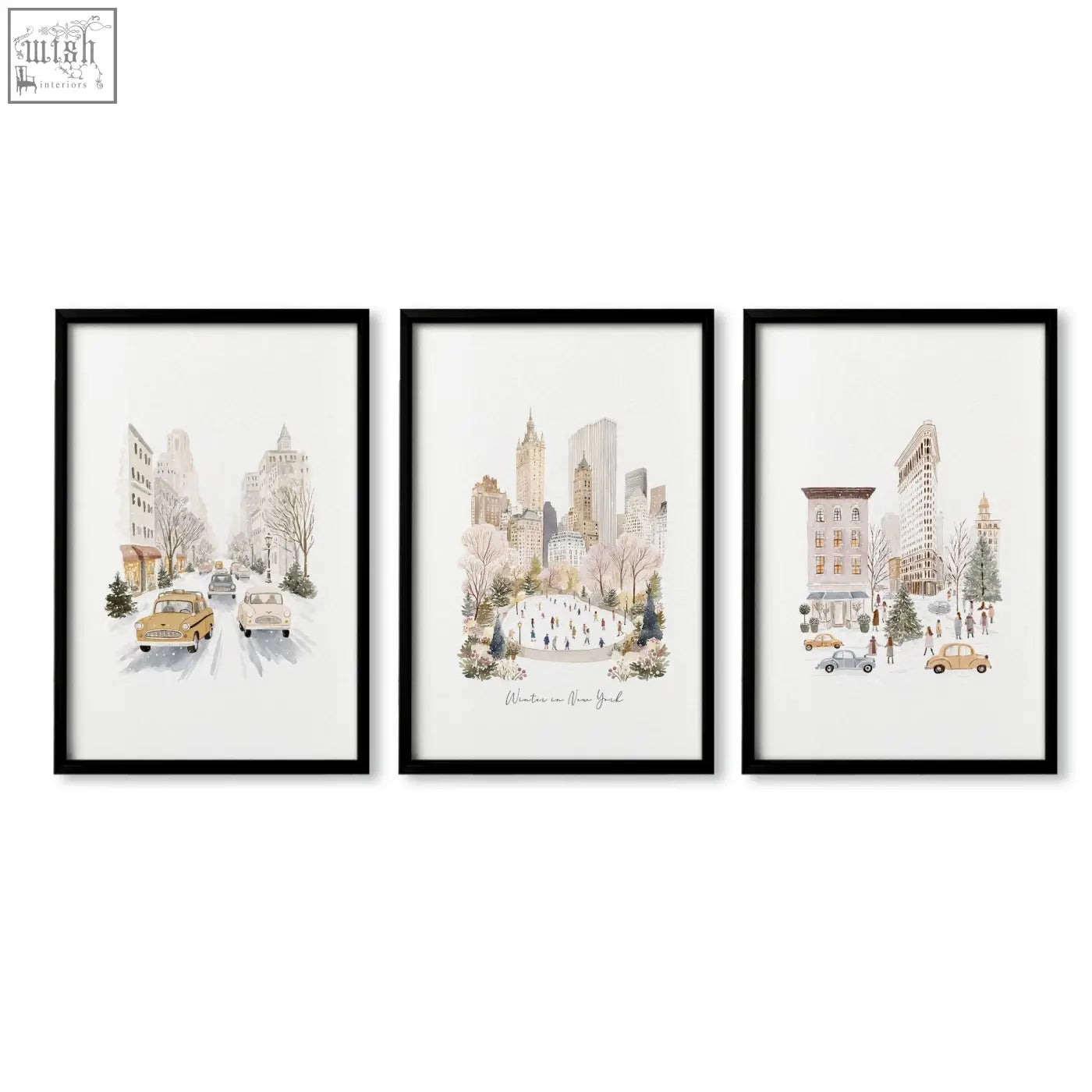 Set of three black-framed vintage travel art prints with snowy new york city scenes perfect for dining room decor