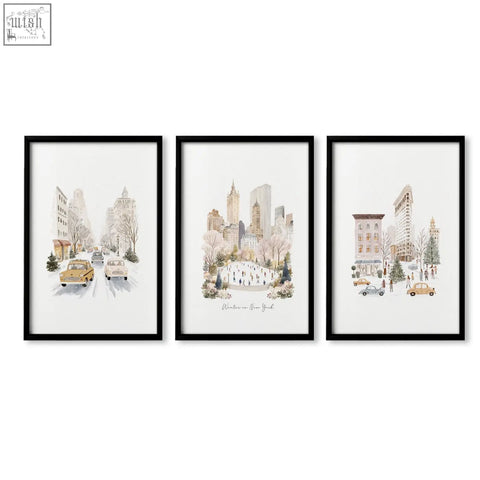 Set of three black-framed vintage travel art prints with snowy new york city scenes perfect for dining room decor