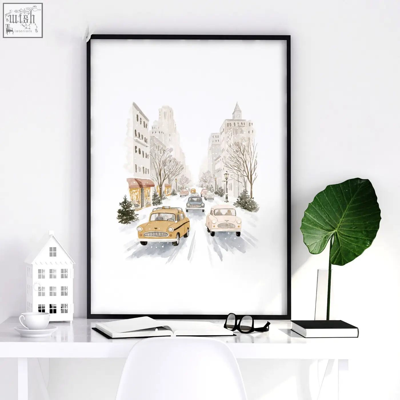 Black-framed vintage travel art print of snow-covered nyc street with vintage cars perfect for dining room decor