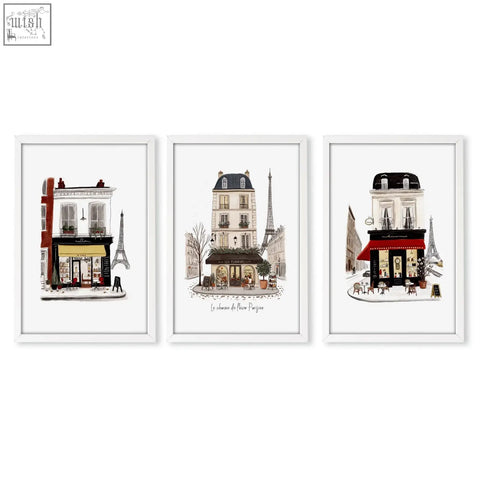 Set of three white framed parisian café art prints vintage travel wall art for charming paris home decor