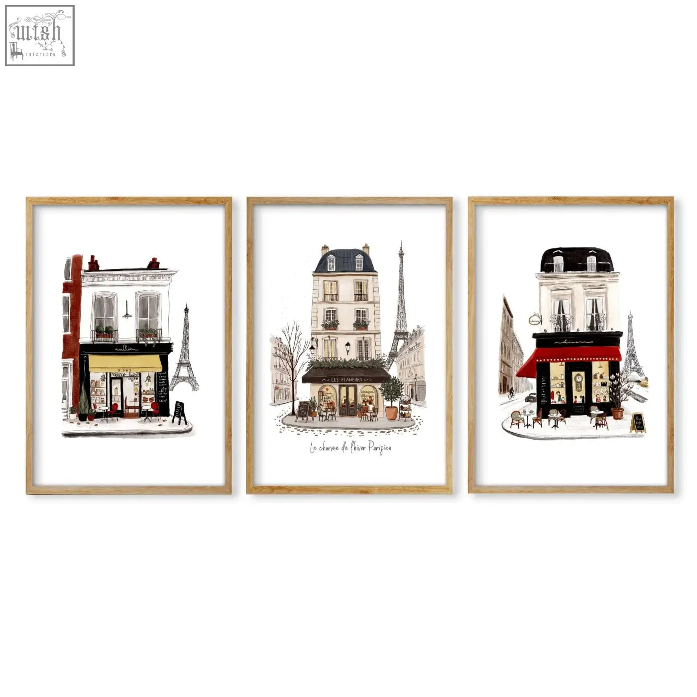 Set of three vintage travel parisian café art prints in light wood frames perfect for wall art decor