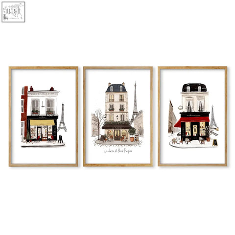 Set of three vintage travel parisian café art prints in light wood frames perfect for wall art decor
