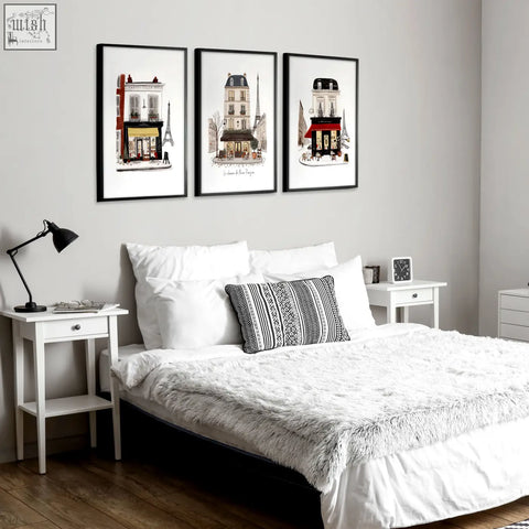 Set of three vintage travel paris wall art prints featuring parisian street scenes in muted tones with black frames