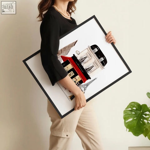Black-framed vintage travel art prints featuring stylized parisian landmarks with bold red and black accents wall art