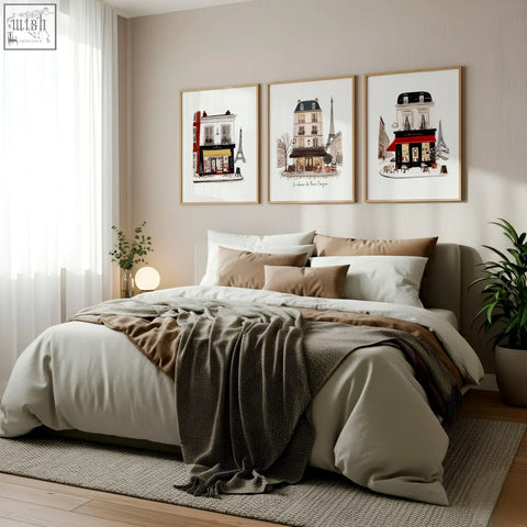 Three vintage travel paris art prints featuring red black architectural sketches in frames above the bed wall art
