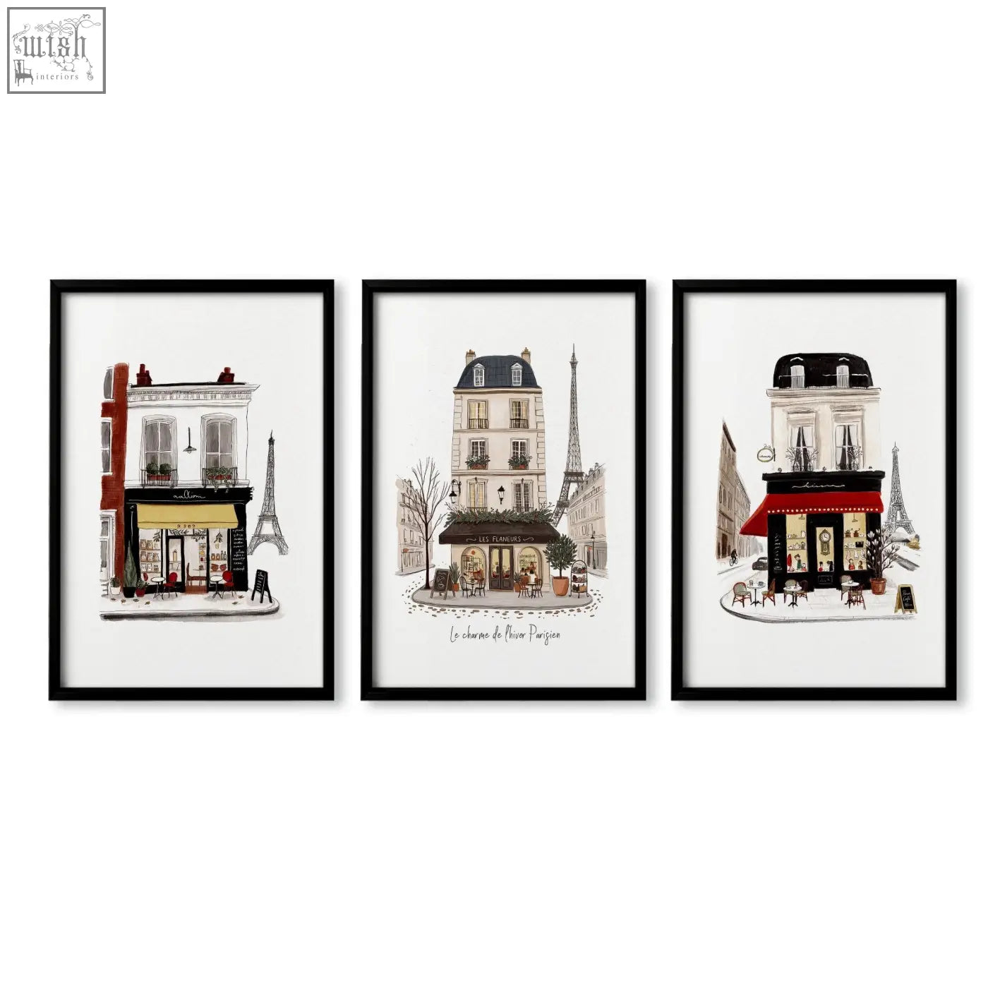 Set of three black-framed vintage travel parisian café art prints perfect for charming wall art decor