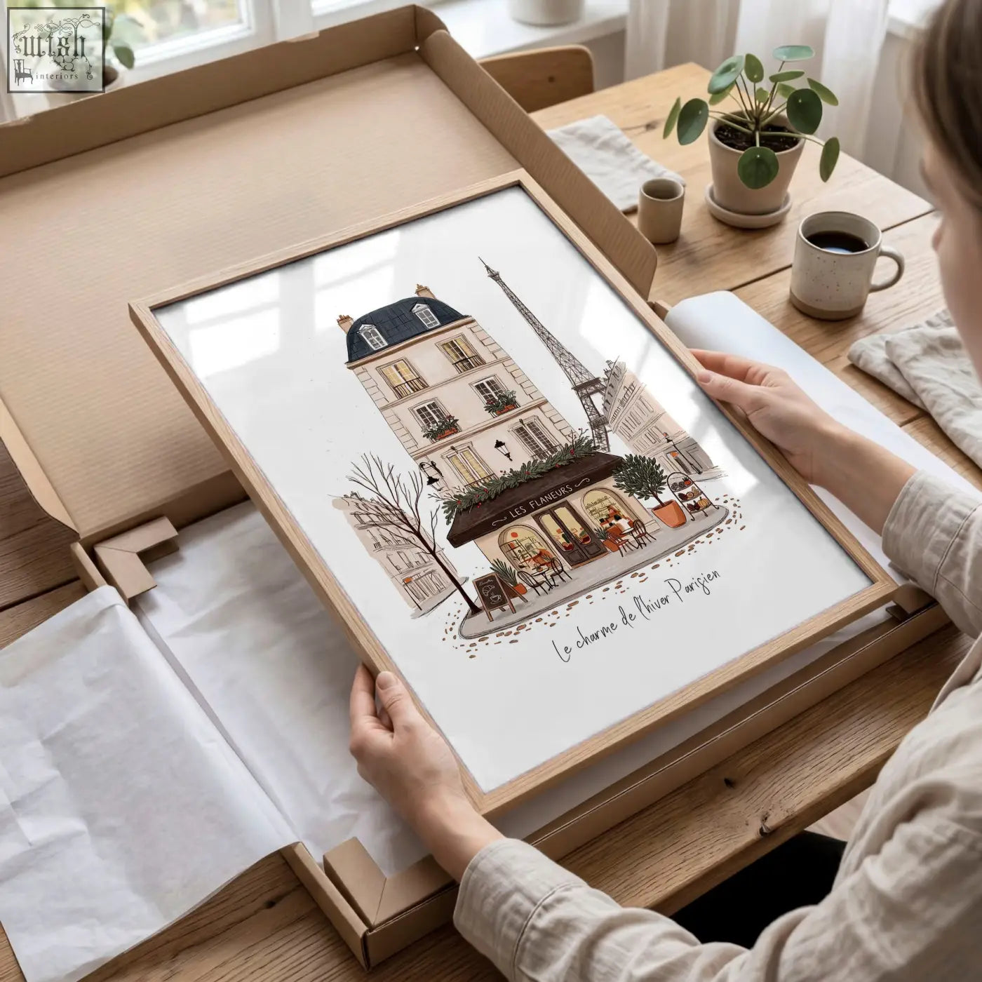 A framed vintage travel wall art print of a parisian café with the eiffel tower in pastel colors set of 3
