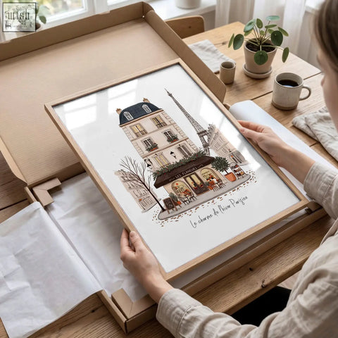 A framed vintage travel wall art print of a parisian café with the eiffel tower in pastel colors set of 3