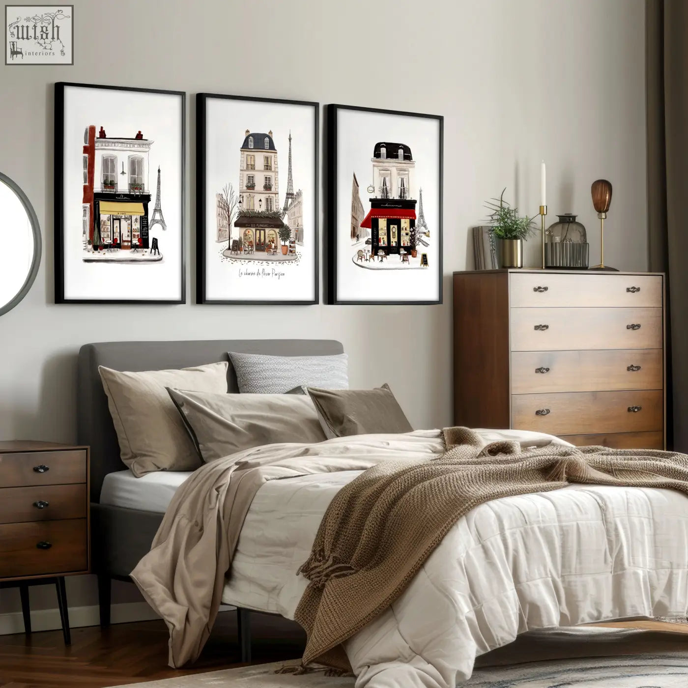 Three framed black vintage travel parisian street scene art prints with white matting featuring eiffel tower buildings