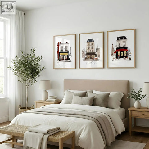 Three framed vintage travel paris wall art prints featuring minimalist parisian street scenes in beige red and black tones