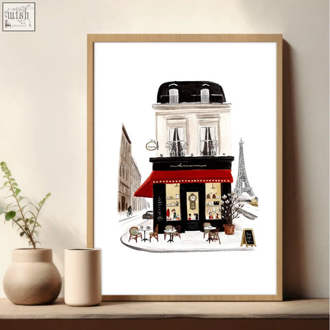 Framed vintage travel paris wall art print of parisian café with red awning and eiffel tower in light wood frame