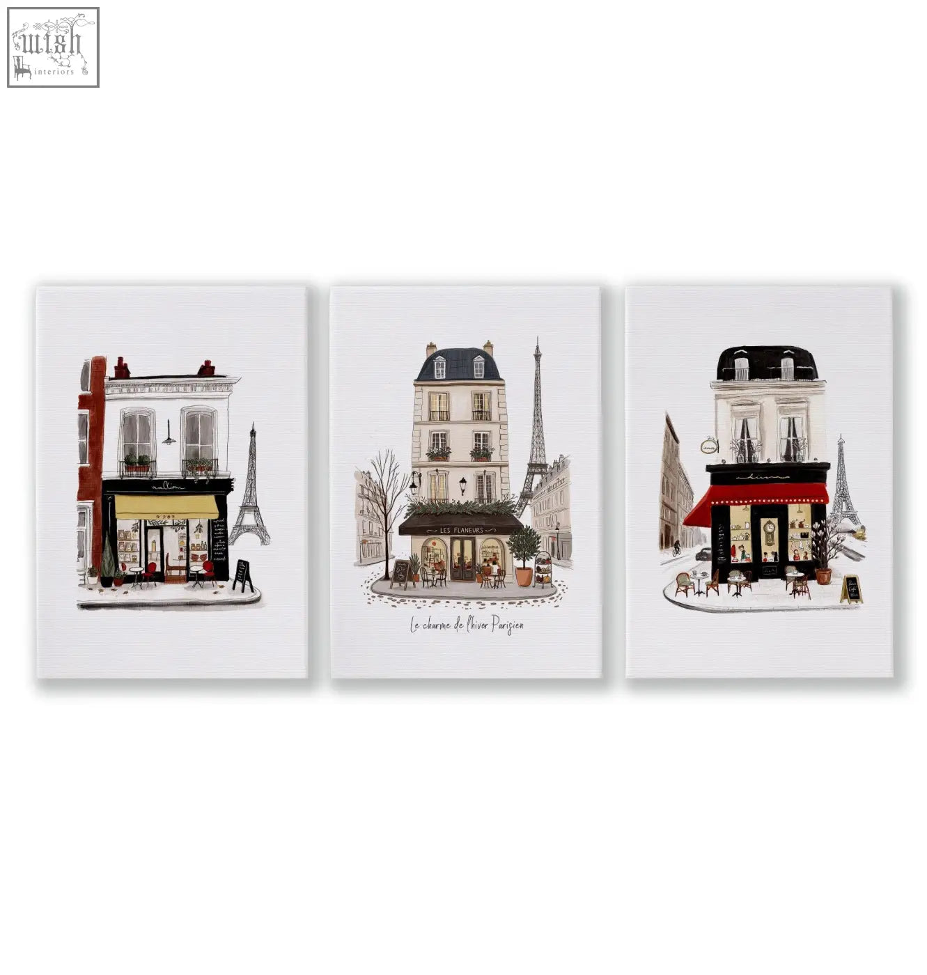 Set of three vintage travel parisian street scene art prints on canvas perfect for wall art decor