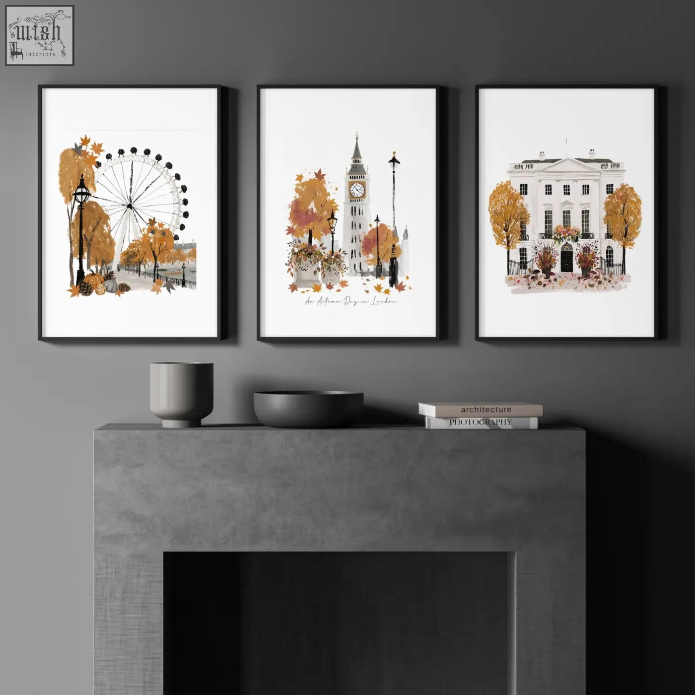 Three framed vintage travel posters with autumn london scenes featuring ferris wheel big ben and the white house