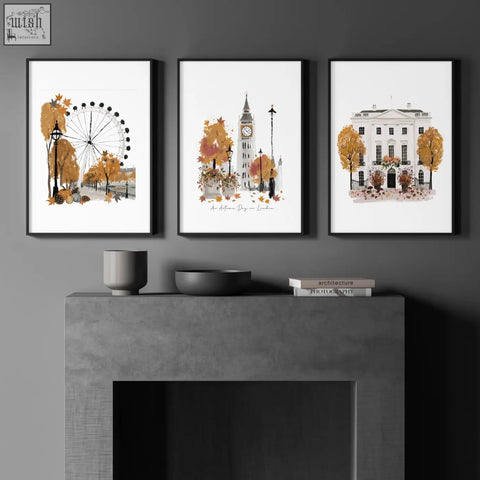 Three framed vintage travel posters with autumn london scenes featuring ferris wheel big ben and the white house