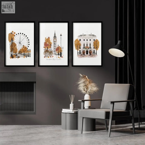Gray armchair with dark wooden frame and upholstered seat beside vintage travel posters wall art prints set of 3
