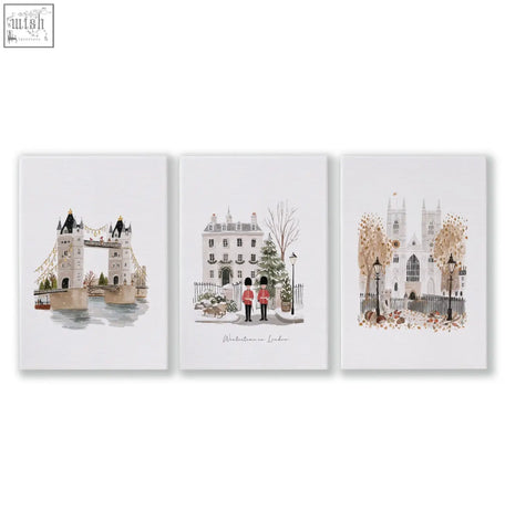 Set of three vintage travel posters art featuring watercolor wintertime london landmarks in framed prints