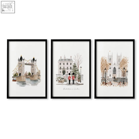 Set of three framed vintage travel posters art with muted watercolor illustrations of london landmarks wintertime in london