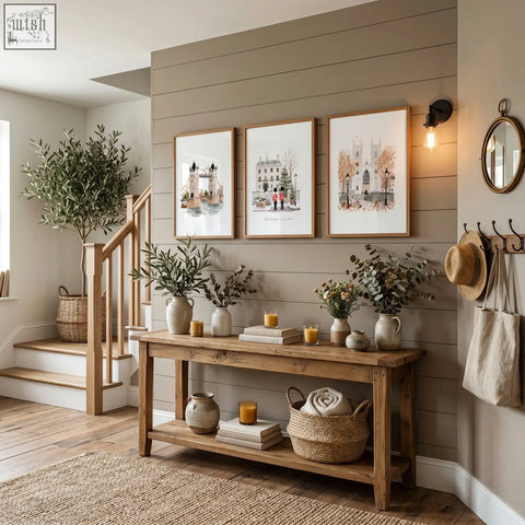 Rustic wooden console table with shelves holding vases and books below vintage travel posters art set wintertime in london
