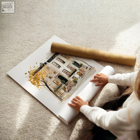 A rolled-up vintage travel poster featuring an apartment with golden autumn leaves and warm-toned windows on white paper