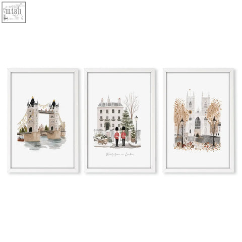 Set of three framed vintage travel posters art featuring london landmarks in soft muted tones for wall decor