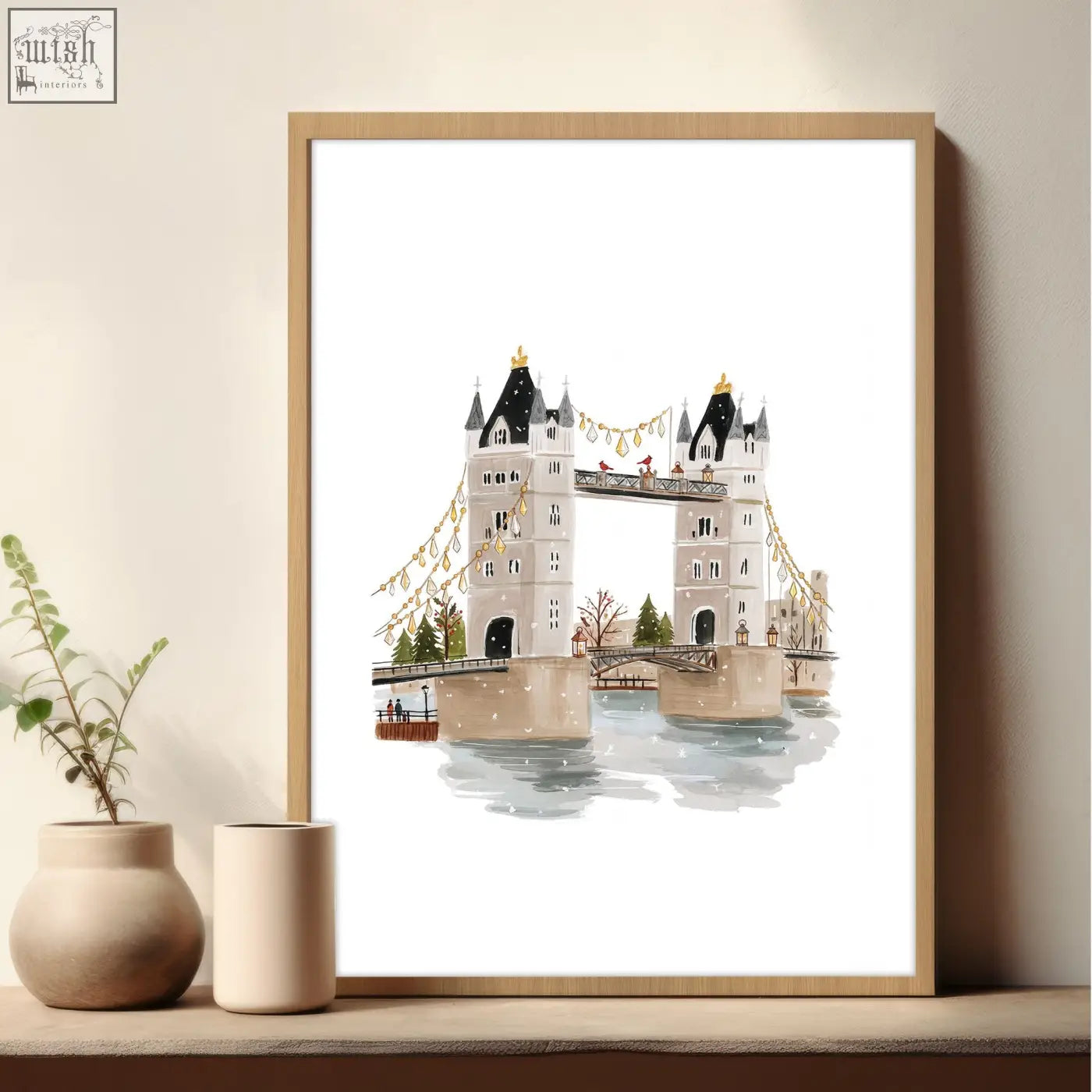 A framed vintage travel poster art of tower bridge in london in soft white and black tones from wintertime set