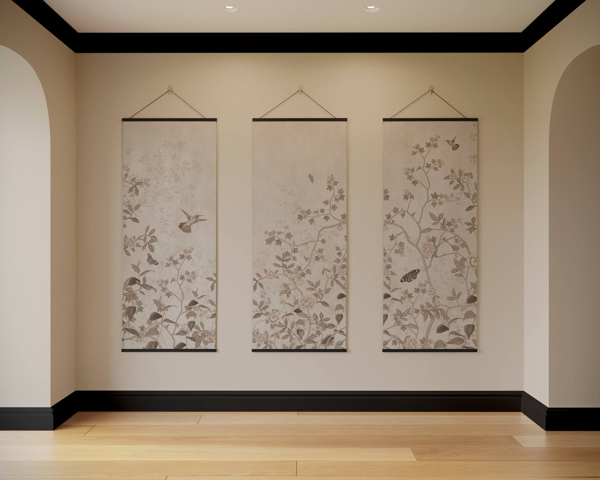 Three elegant vintage tropical bird branch tapestry scrolls with delicate gray botanical and bird motifs on beige background