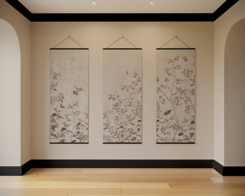 Three elegant vintage tropical bird branch tapestry scrolls with delicate gray botanical and bird motifs on beige background