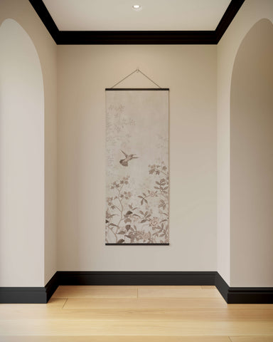 A vintage tropical bird branch tapestry scroll painting with a delicate hummingbird on textured gray and beige paper